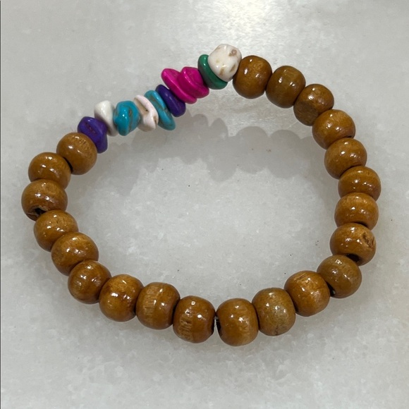 Colorful Beaded Wood Bracelet with Natural Dyed Turquoise Accents - Picture 4 of 6